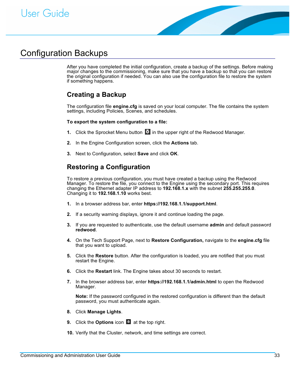 Configuration backups, Creating a backup, Restoring a configuration | CommScope Redwood version 3.1 User Manual | Page 34 / 42