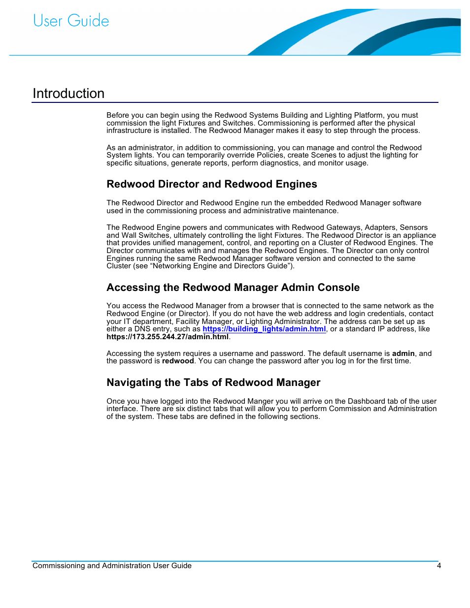 Introduction, Redwood director and redwood engines, Accessing the redwood manager admin console | Navigating the tabs of redwood manager | CommScope Redwood version 3.1 User Manual | Page 5 / 42