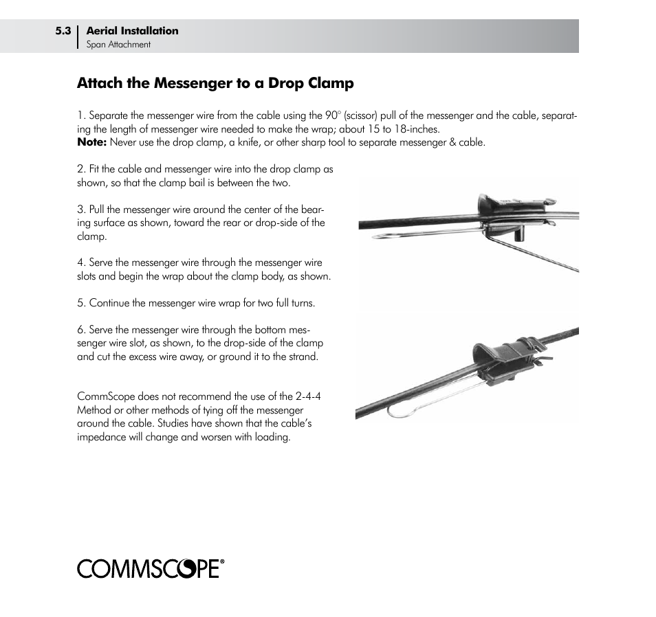 Attach the messenger to a drop clamp | CommScope Drop Cable User Manual | Page 22 / 66