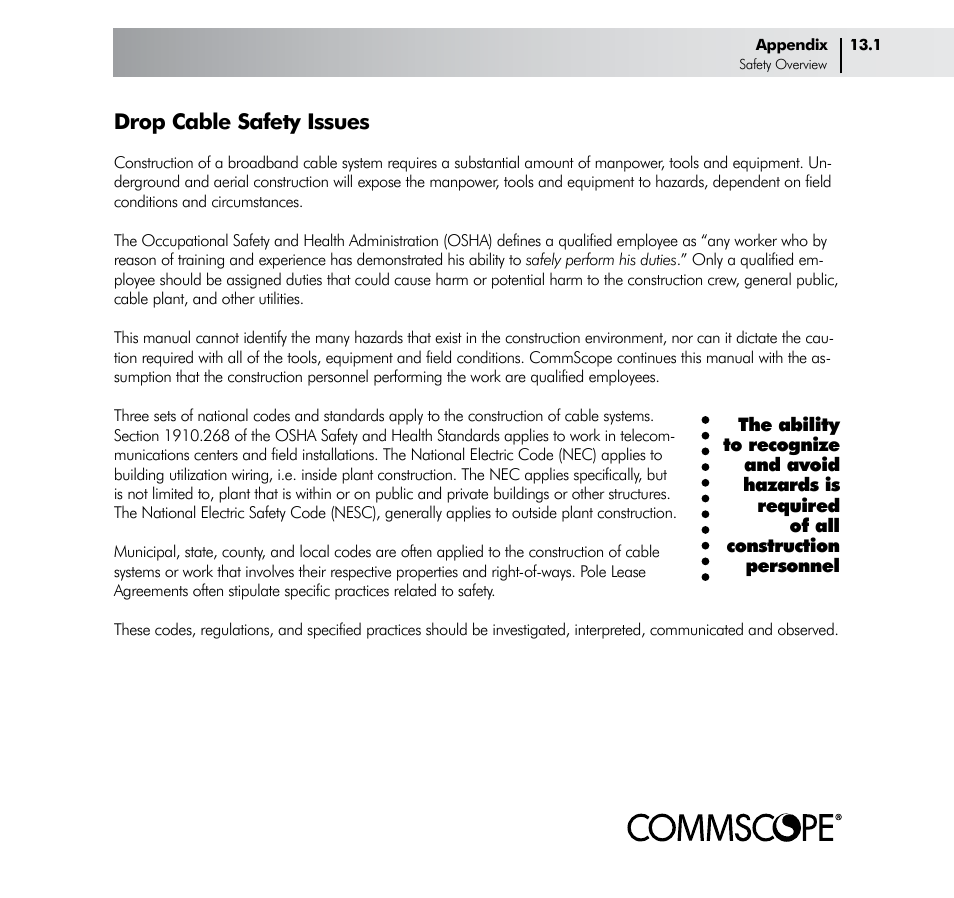 Drop cable safety issues | CommScope Drop Cable User Manual | Page 57 / 66