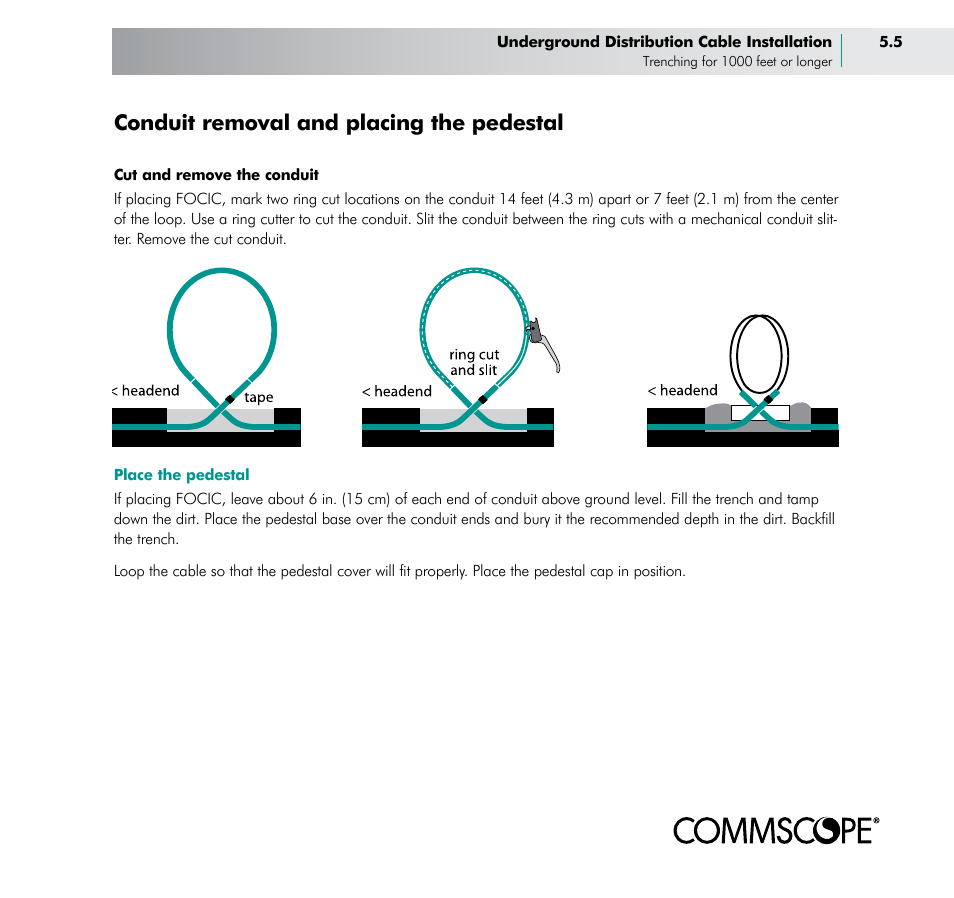 Conduit removal and placing the pedestal | CommScope BOSTM BrightPath Optical Solutions User Manual | Page 19 / 48