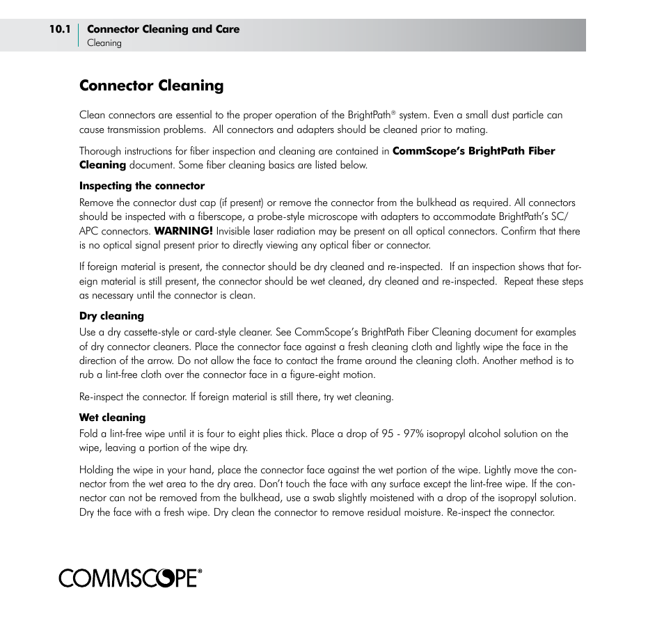 Connector cleaning | CommScope BOSTM BrightPath Optical Solutions User Manual | Page 44 / 48