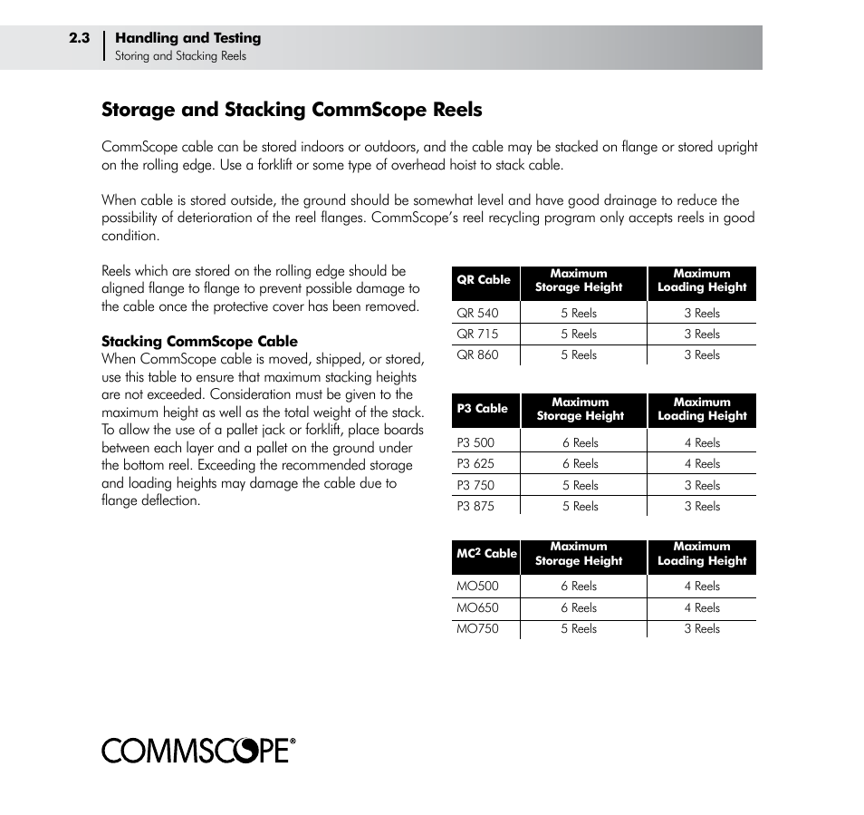 Storage and stacking commscope reels | CommScope Trunk & Distribution Cable User Manual | Page 12 / 74