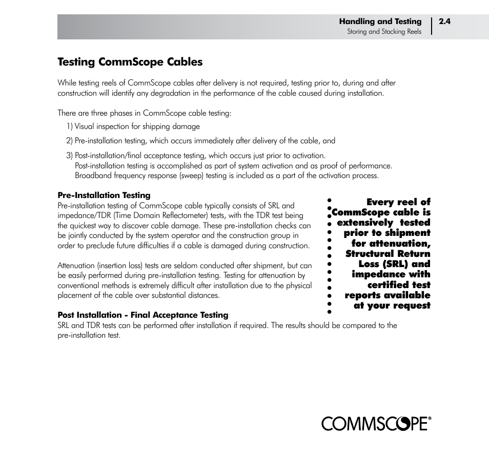 Testing commscope cables | CommScope Trunk & Distribution Cable User Manual | Page 13 / 74