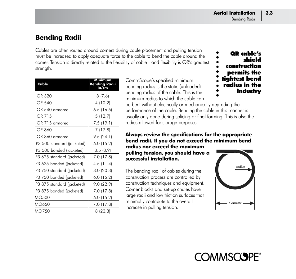 Bending radii | CommScope Trunk & Distribution Cable User Manual | Page 17 / 74