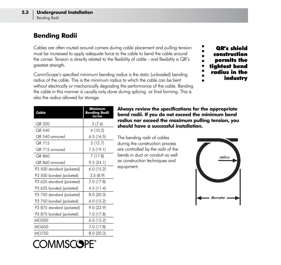 Bending radii | CommScope Trunk & Distribution Cable User Manual | Page 44 / 74