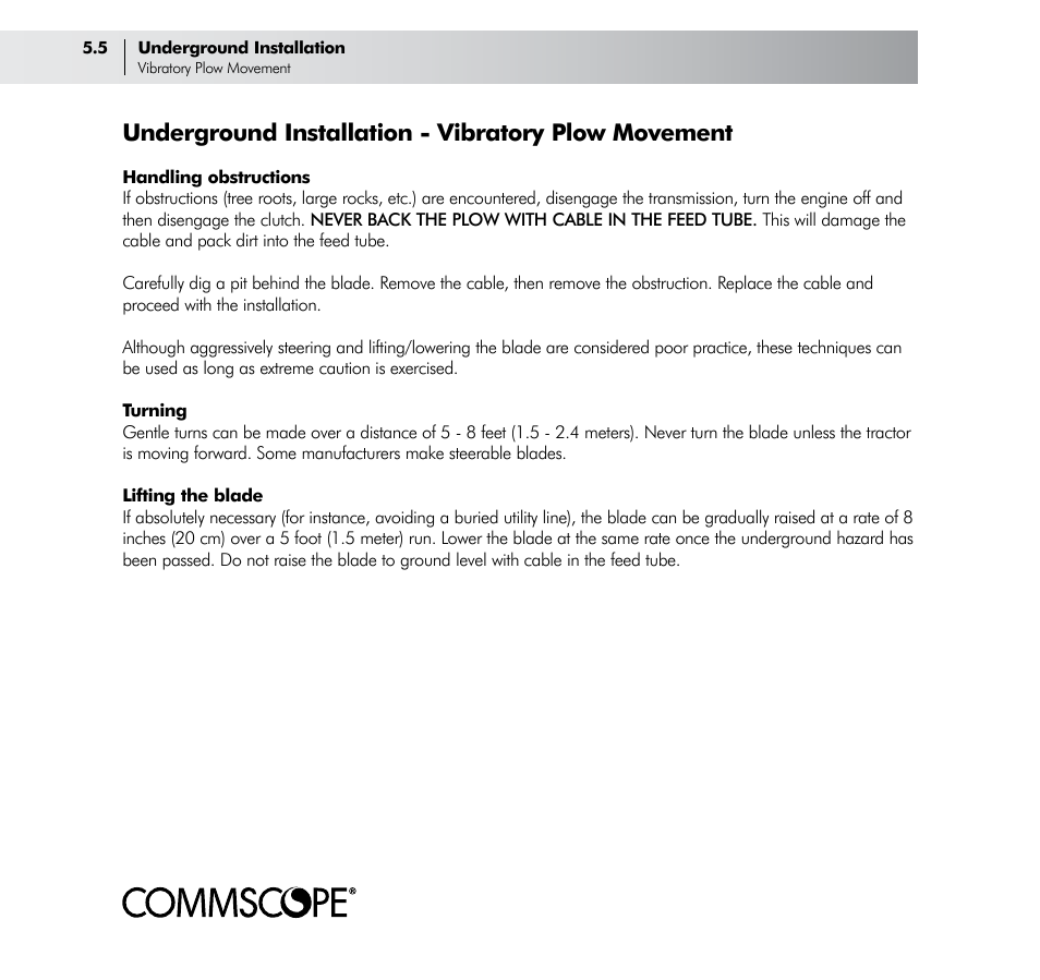 Underground installation - vibratory plow movement | CommScope Trunk & Distribution Cable User Manual | Page 46 / 74