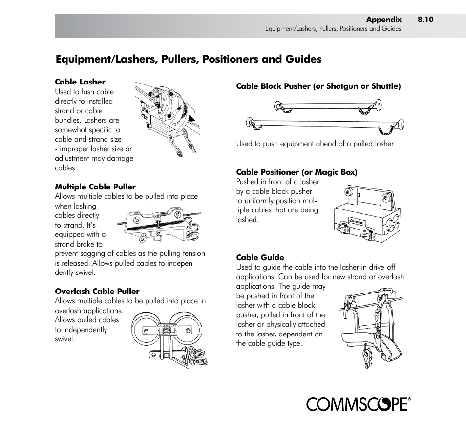 Equipment/lashers, pullers, positioners and guides | CommScope Trunk & Distribution Cable User Manual | Page 69 / 74