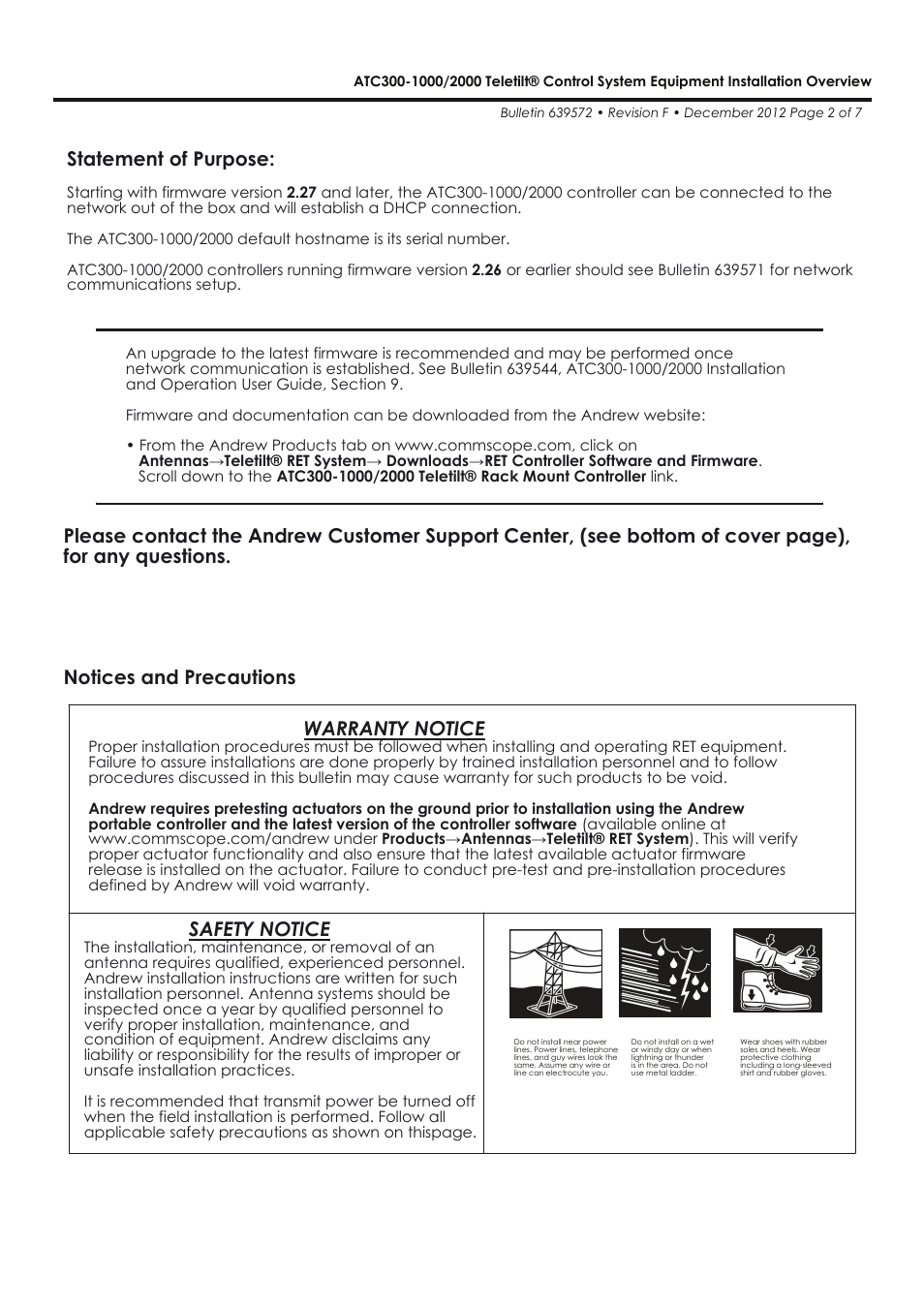 Notices and precautions, Safety notice, Statement of purpose | Warranty notice | CommScope ATC300-2000 User Manual | Page 2 / 7