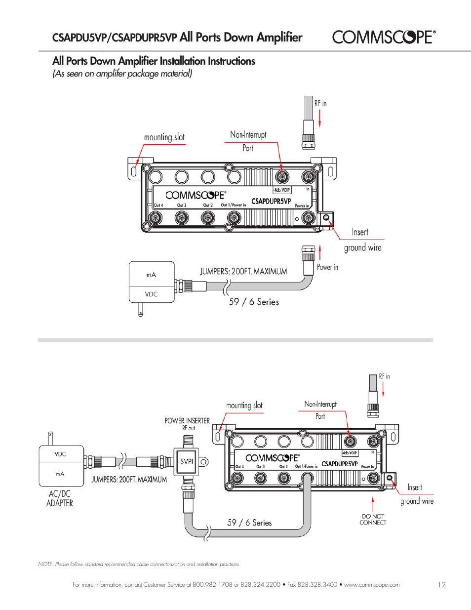 All ports down amplifier, Csapdu5vp/csapdupr5vp, All ports down amplifier installation instructions | CommScope RF Connectivity Products User Manual | Page 13 / 15