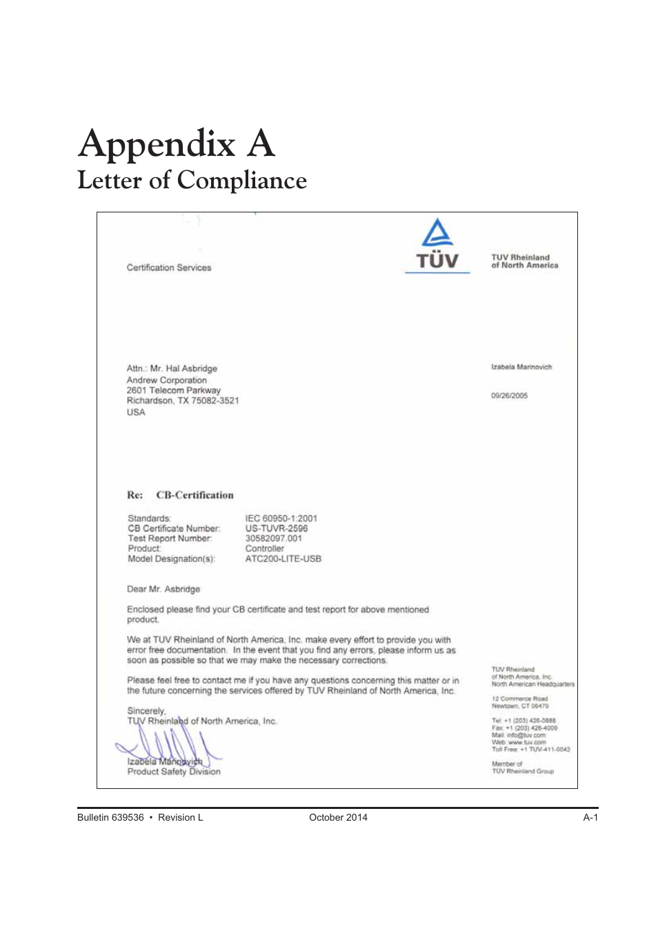 Appendix a, Letter of compliance | CommScope ATC200-LITE-USB User Manual | Page 145 / 150