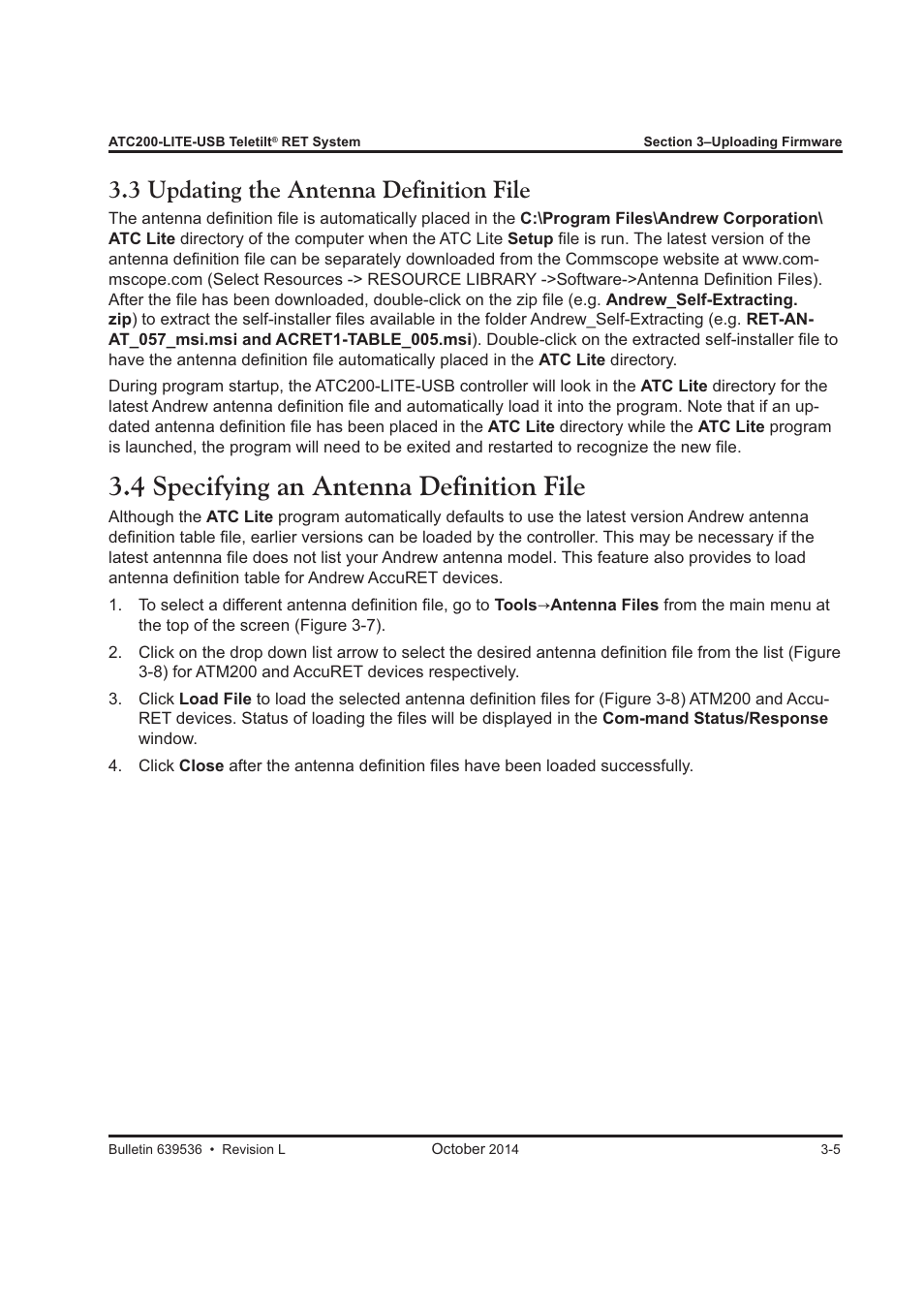 4 specifying an antenna definition file, 3 updating the antenna definition file | CommScope ATC200-LITE-USB User Manual | Page 33 / 150