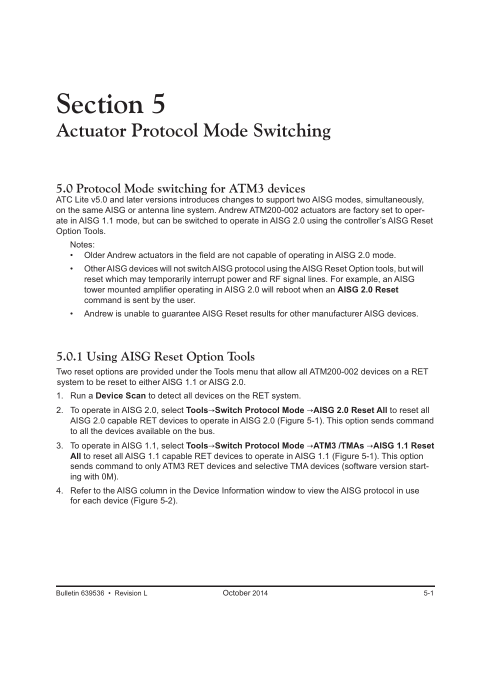 Actuator protocol mode switching, 0 protocol mode switching for atm3 devices, 1 using aisg reset option tools | CommScope ATC200-LITE-USB User Manual | Page 51 / 150