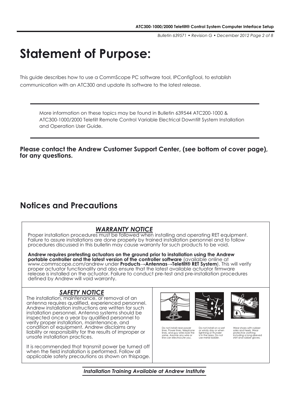 Statement of purpose, Notices and precautions, Warranty notice | Safety notice | CommScope ATC300-2000 User Manual | Page 2 / 8