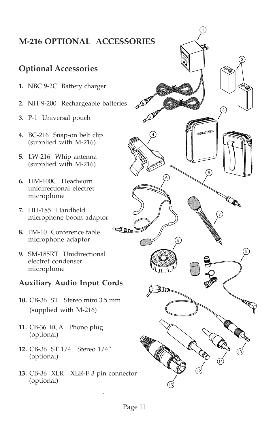 Optional accessories, M-216 optional accessories, Auxiliary audio input cords | COMTEK M-216 User Manual | Page 13 / 20