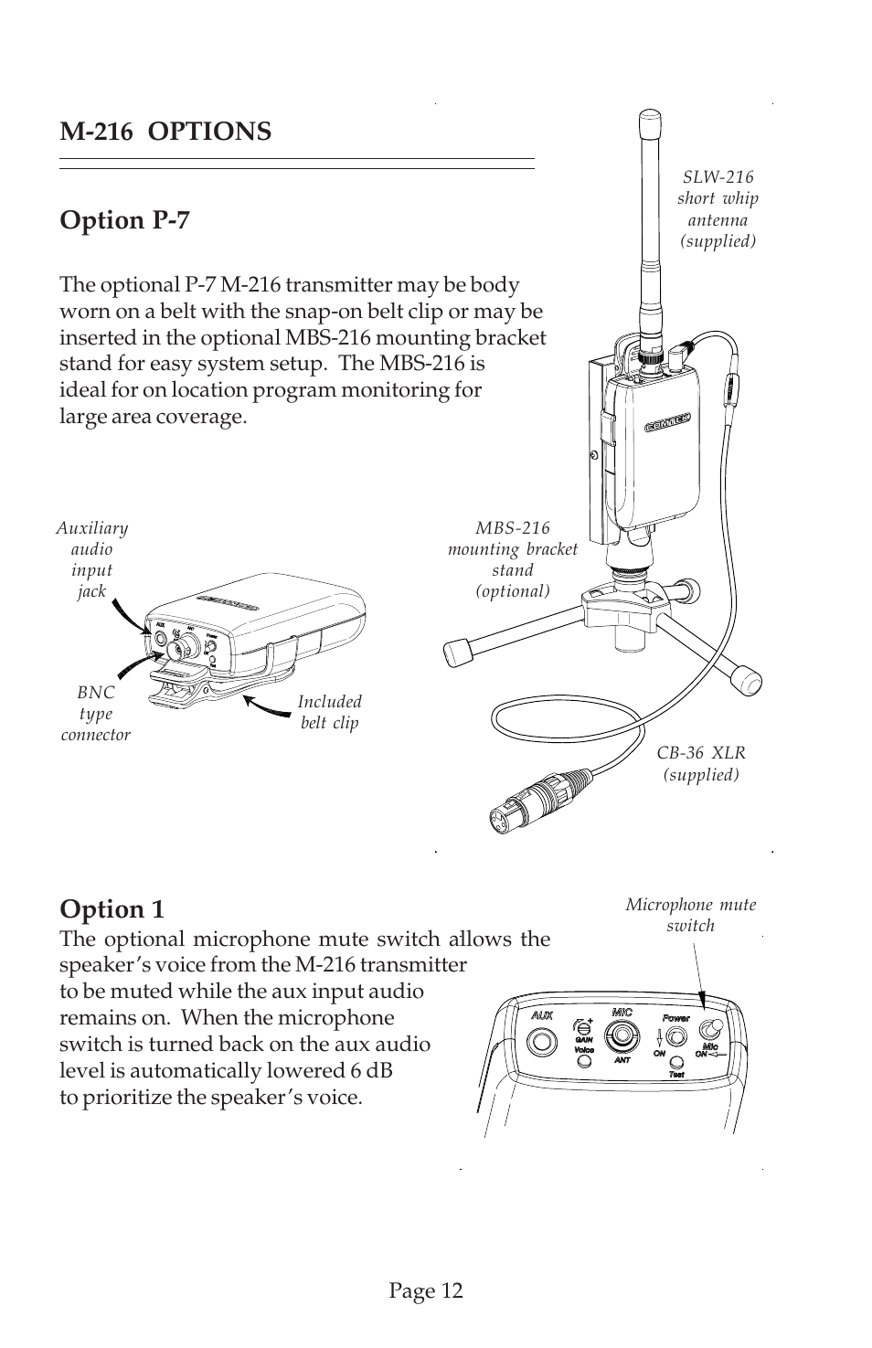 Option p-7, M-216 options, Option 1 | COMTEK M-216 User Manual | Page 14 / 20
