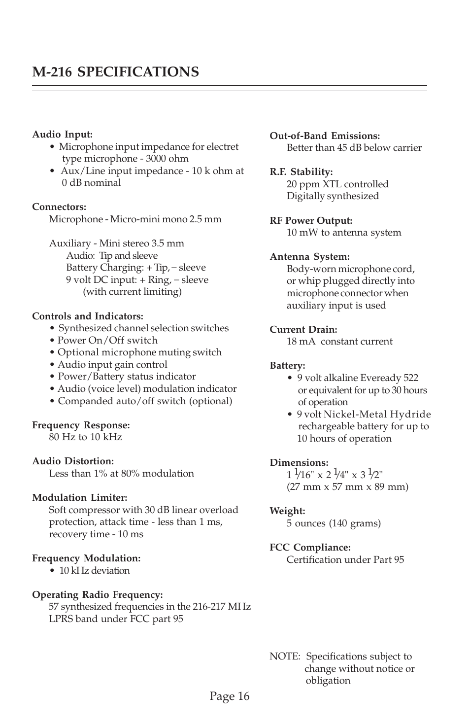 M-216 specifications, Page 16 | COMTEK M-216 User Manual | Page 18 / 20