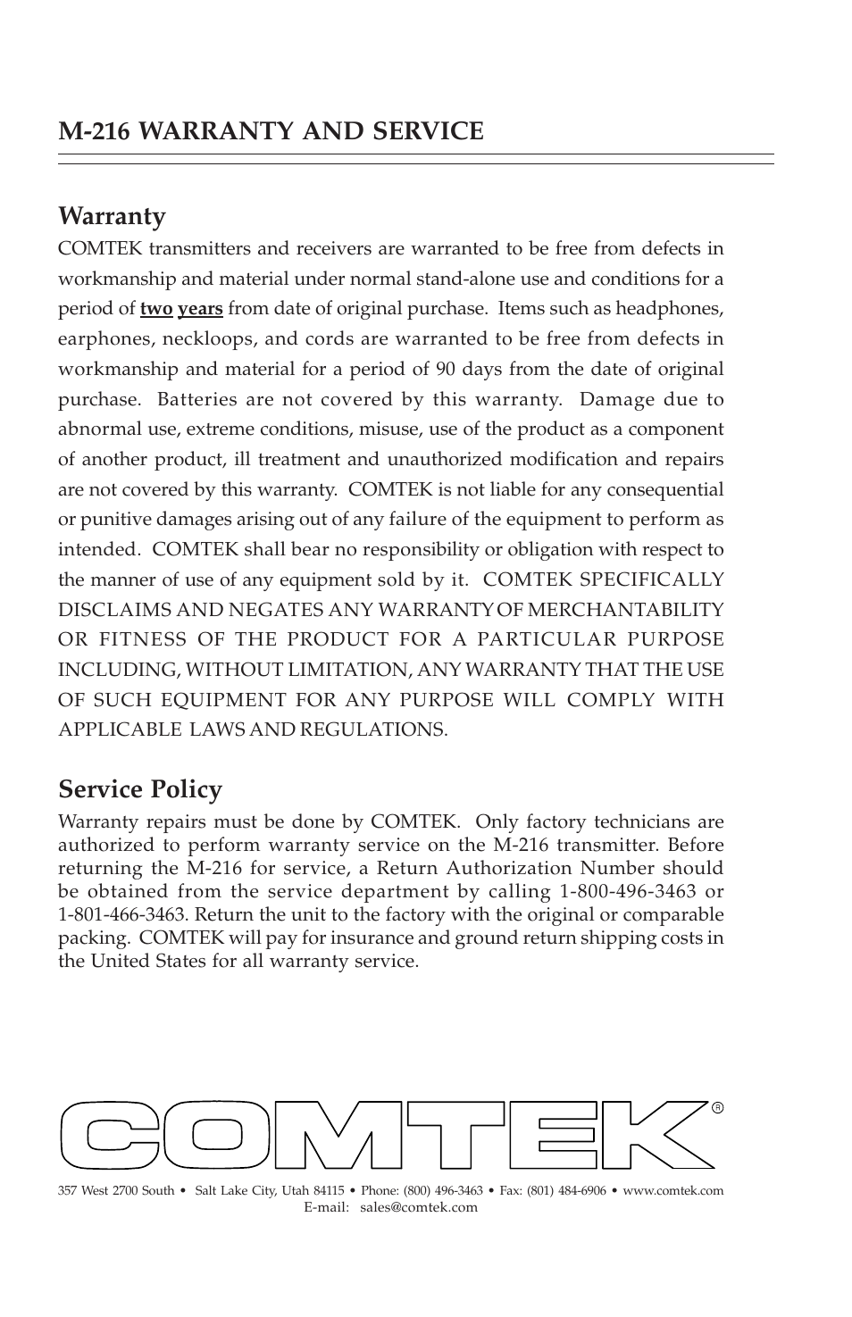 M-216 warranty and service warranty, Service policy | COMTEK M-216 User Manual | Page 19 / 20