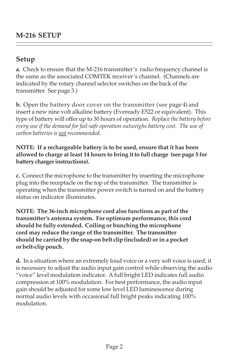 Setup, M-216 setup | COMTEK M-216 User Manual | Page 4 / 20