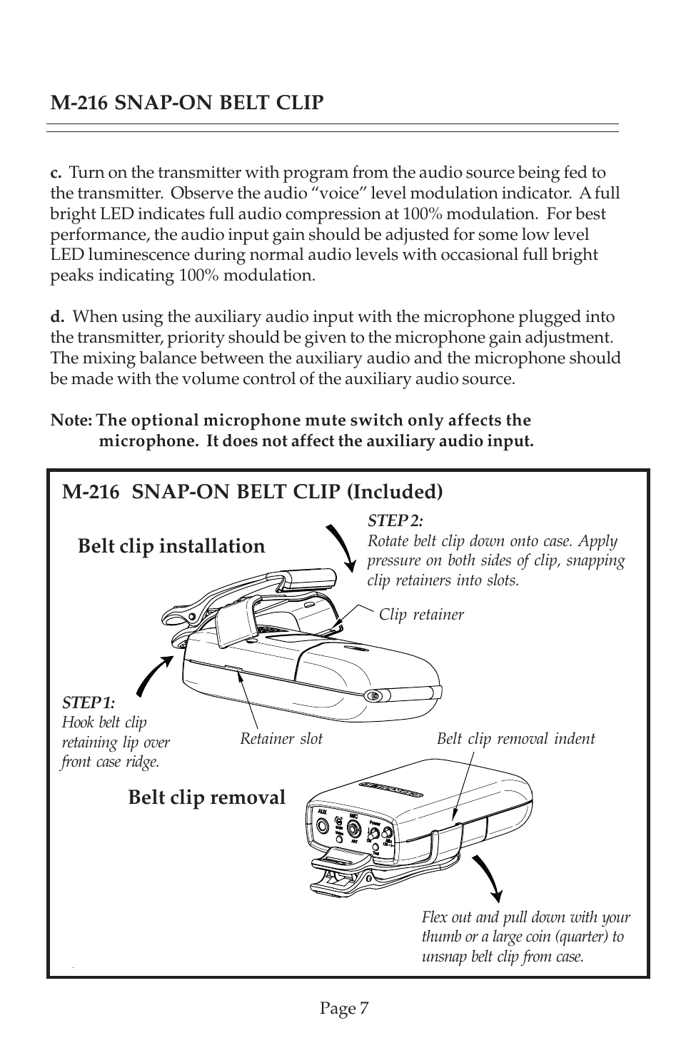 M-216 snap-on belt clip | COMTEK M-216 User Manual | Page 9 / 20