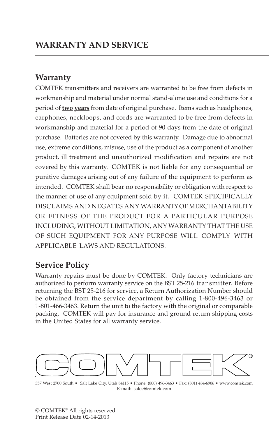 Warranty and service warranty, Service policy | COMTEK BST 25-216 User Manual | Page 17 / 18