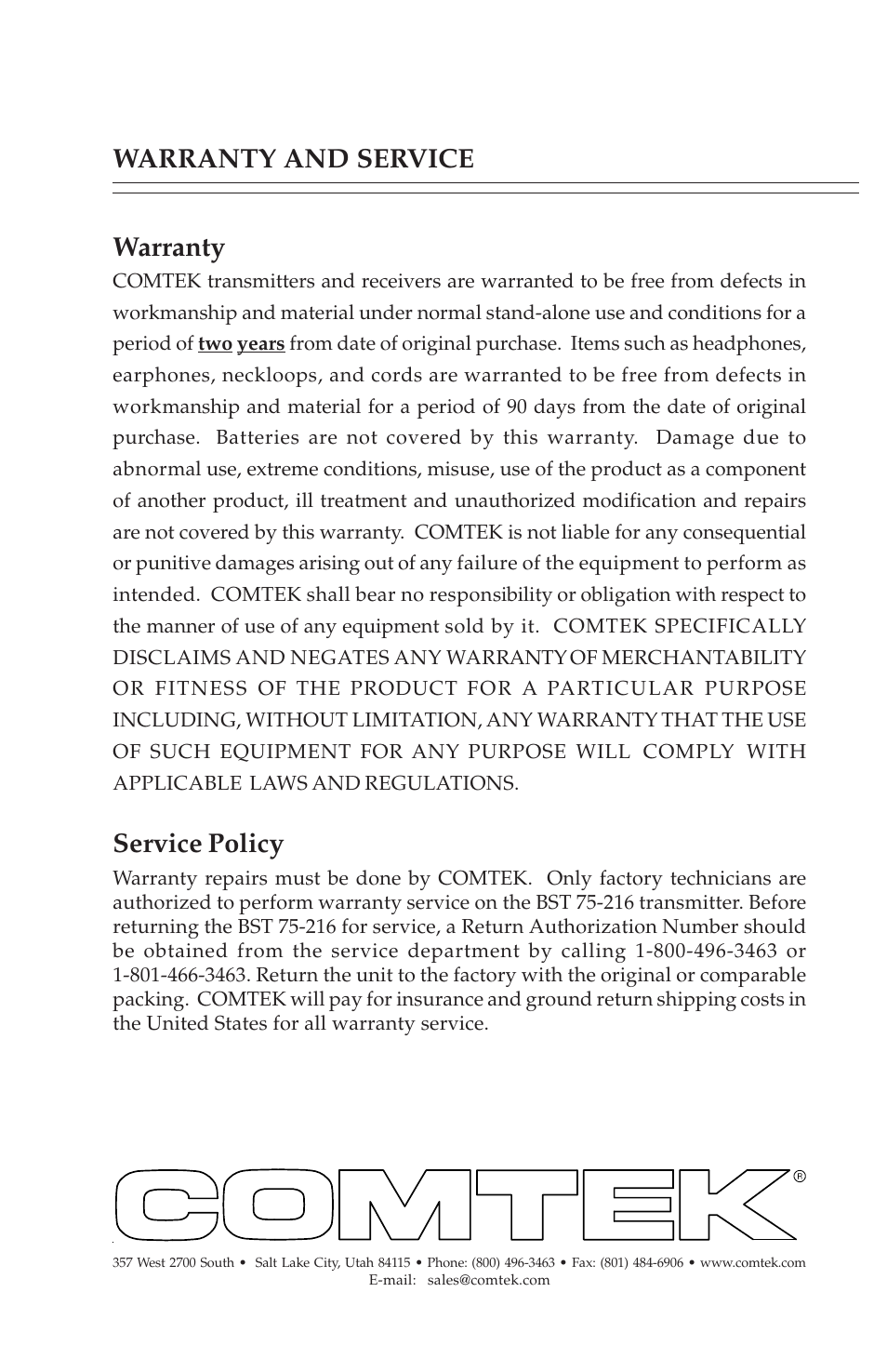 Warranty and service warranty, Service policy | COMTEK BST 75-216 User Manual | Page 15 / 16
