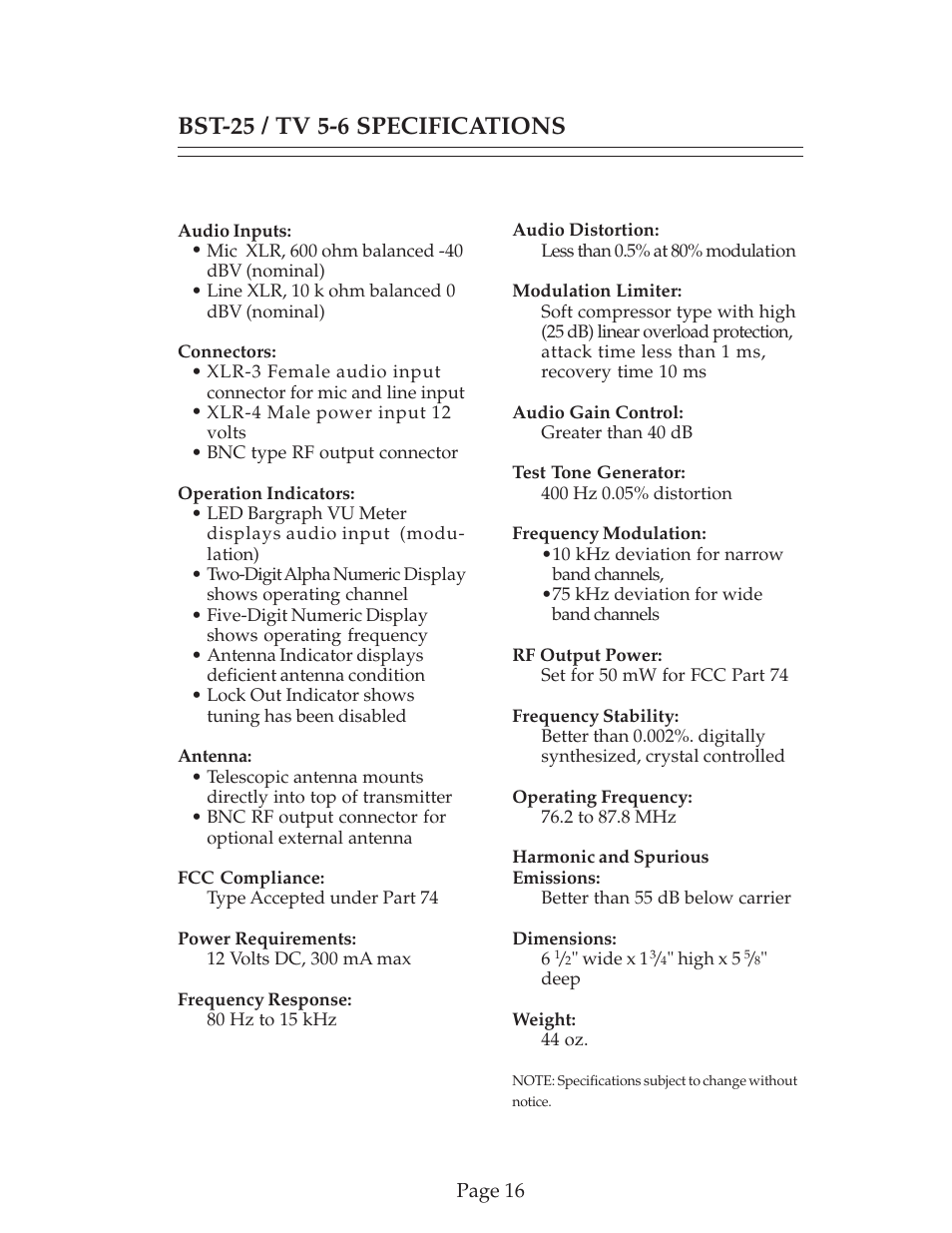 Bst-25 / tv 5-6 specifications | COMTEK BST-25 User Manual | Page 17 / 18