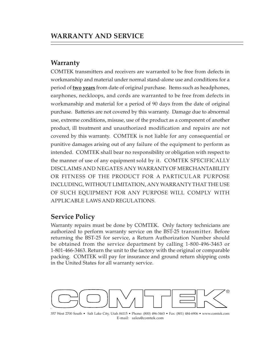 Warranty and service warranty, Service policy | COMTEK BST-25 User Manual | Page 18 / 18