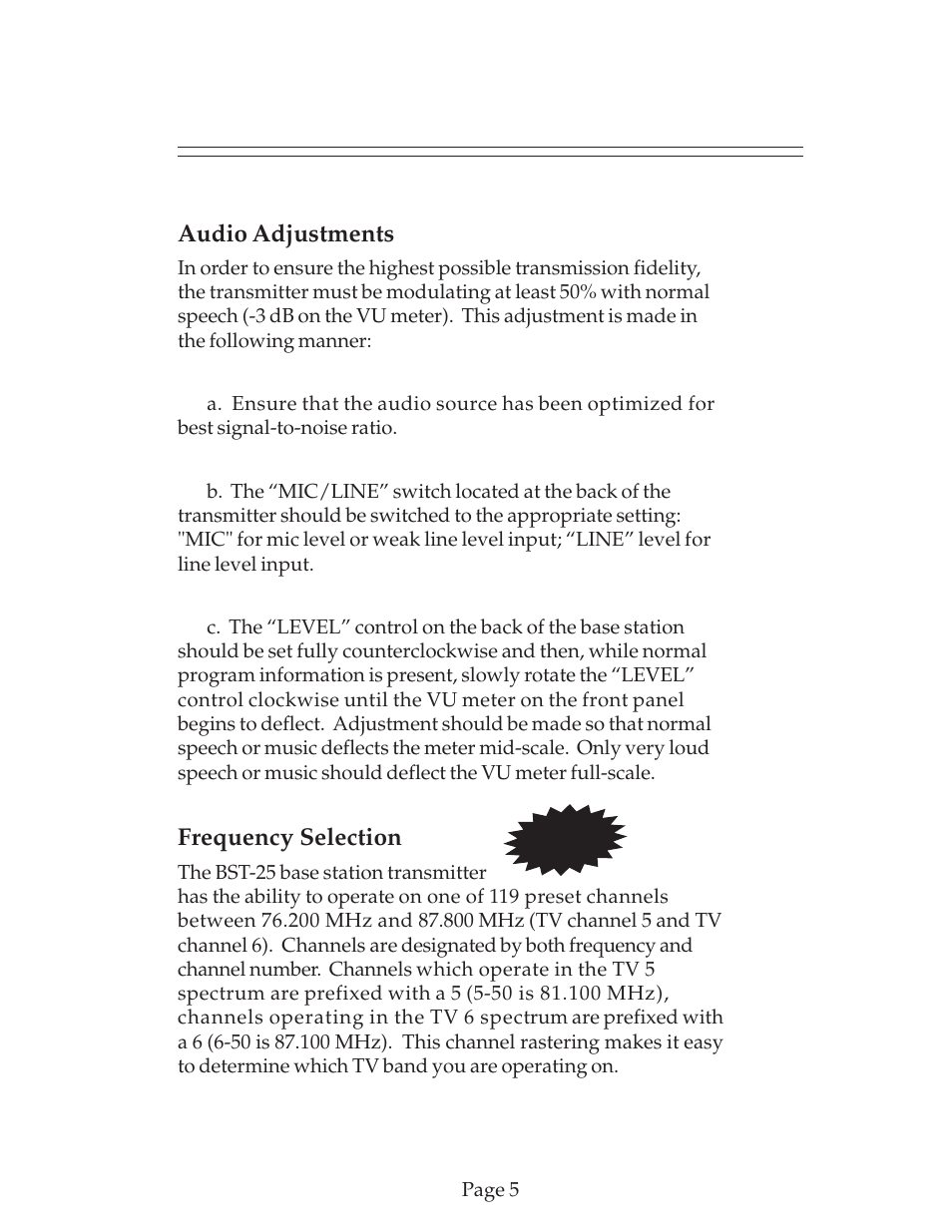 Audio adjustments, Frequency selection | COMTEK BST-25 User Manual | Page 6 / 18