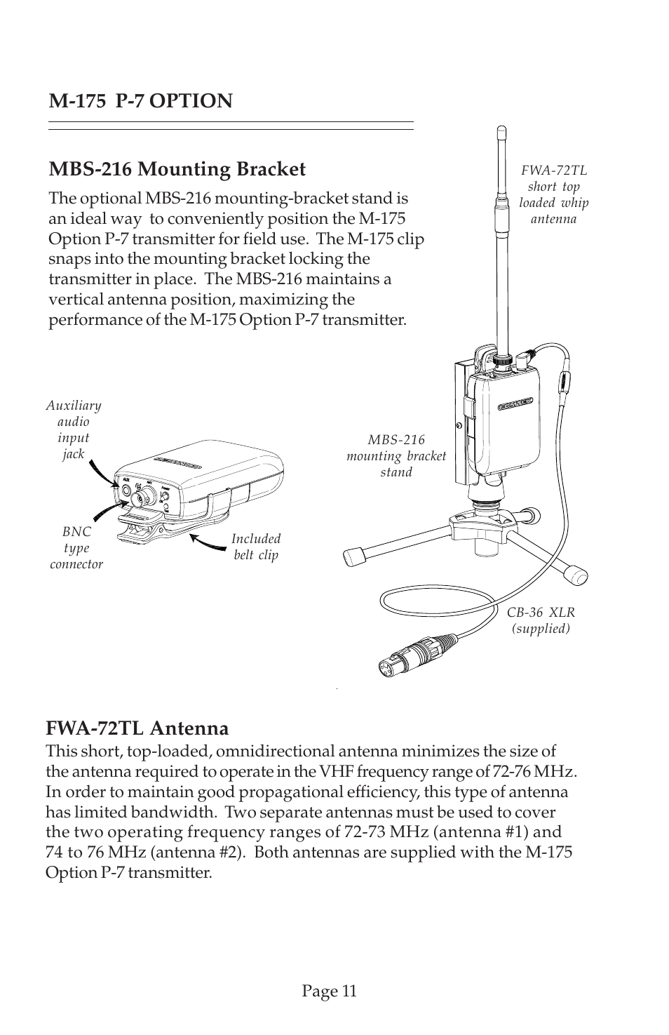 Mbs-216 mounting bracket, M-175 p-7 option, Fwa-72tl antenna | COMTEK M-175 User Manual | Page 13 / 19