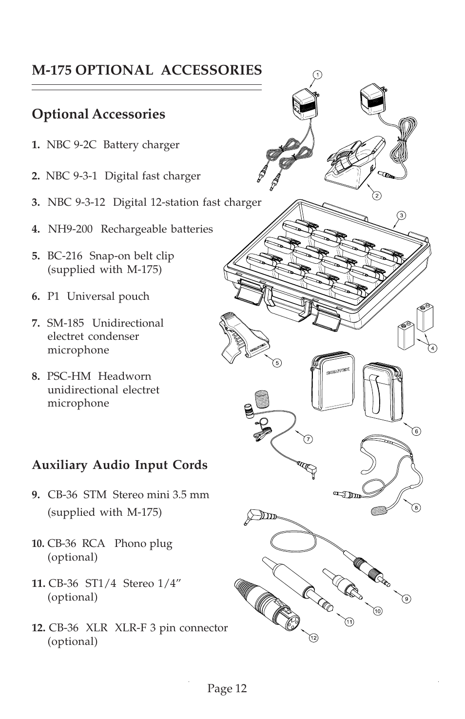 Optional accessories, M-175 optional accessories, Auxiliary audio input cords | COMTEK M-175 User Manual | Page 14 / 19