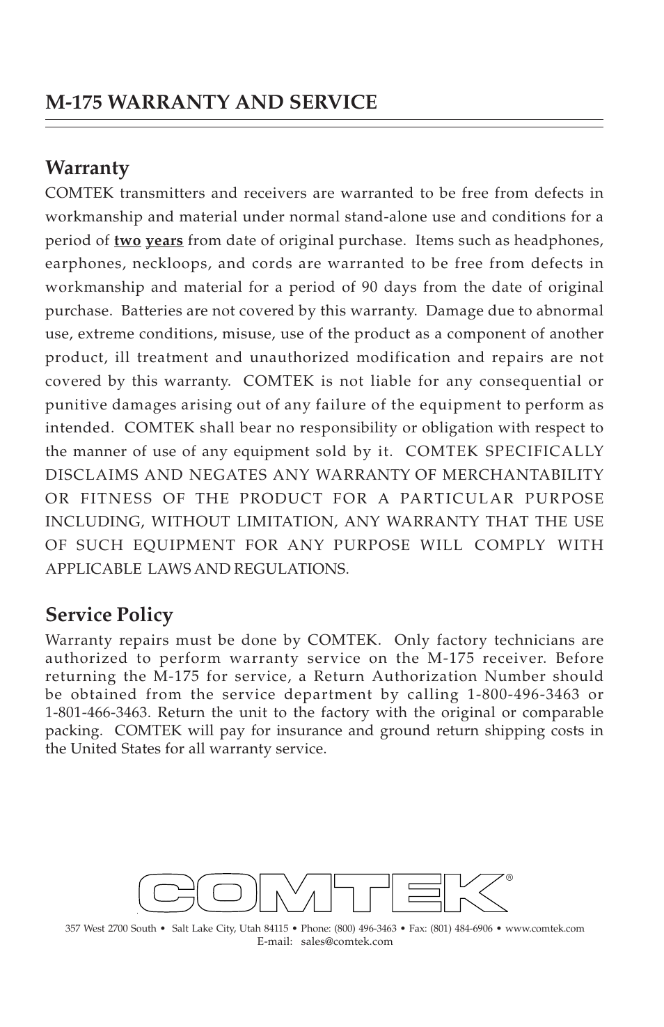M-175 warranty and service warranty, Service policy | COMTEK M-175 User Manual | Page 18 / 19