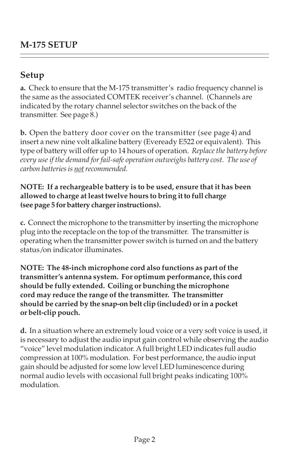 Setup, M-175 setup | COMTEK M-175 User Manual | Page 4 / 19