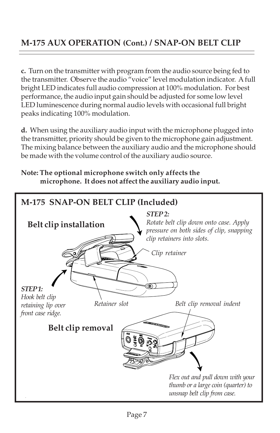 M-175 aux operation, Snap-on belt clip | COMTEK M-175 User Manual | Page 9 / 19