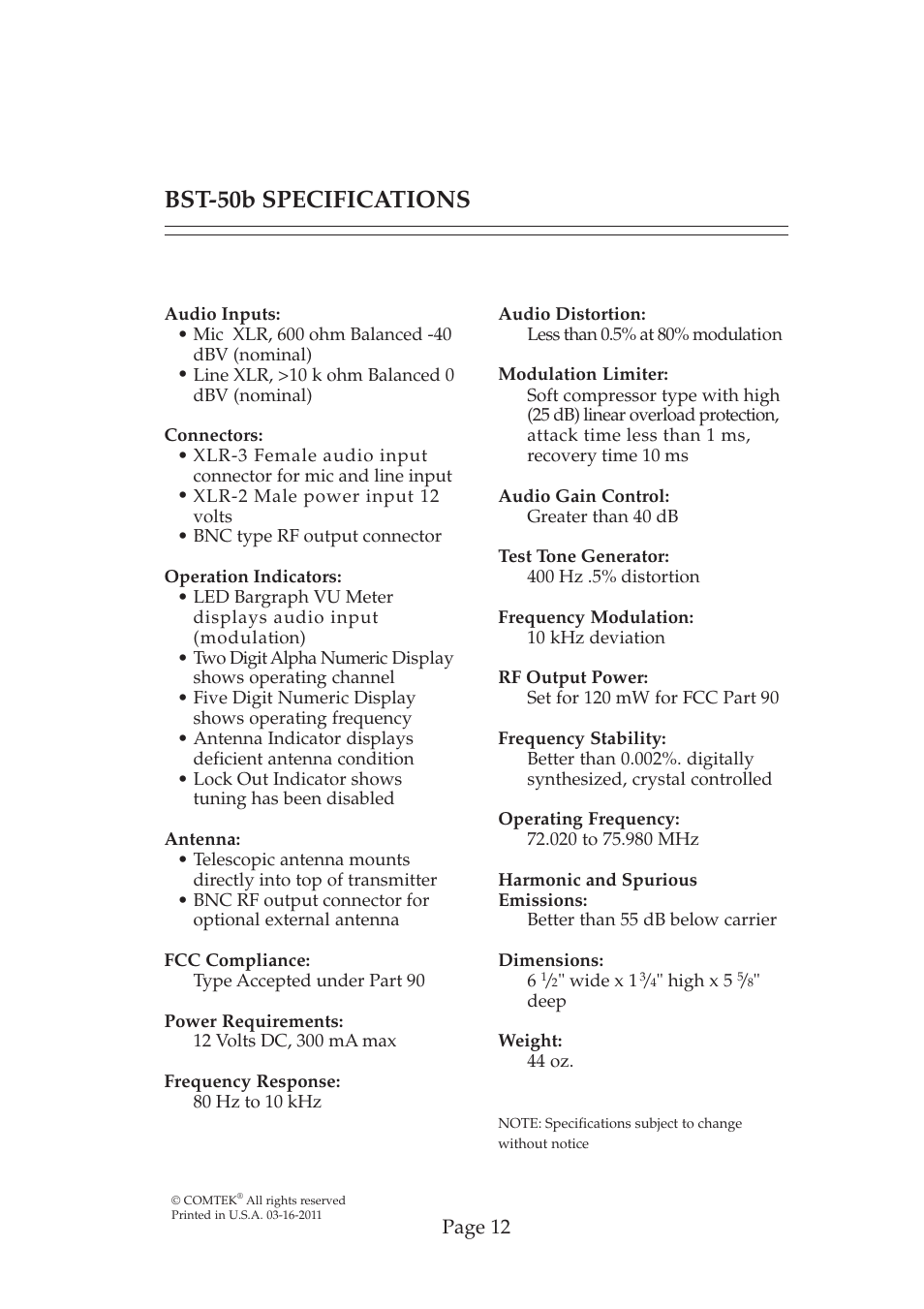 Bst-50b specifications | COMTEK BST-50b User Manual | Page 13 / 14