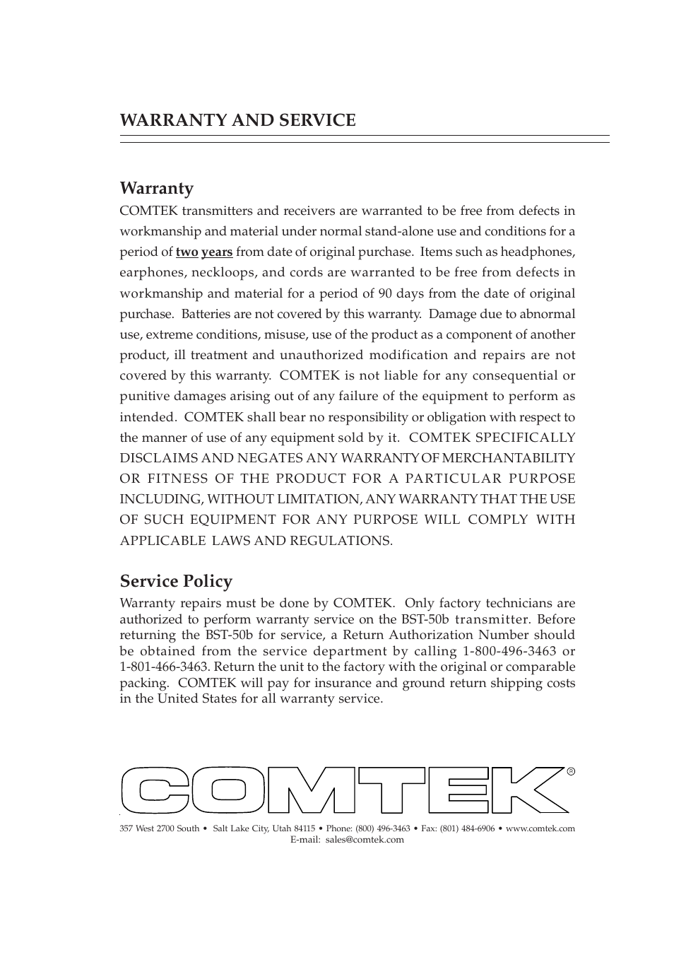 Warranty and service warranty, Service policy | COMTEK BST-50b User Manual | Page 14 / 14