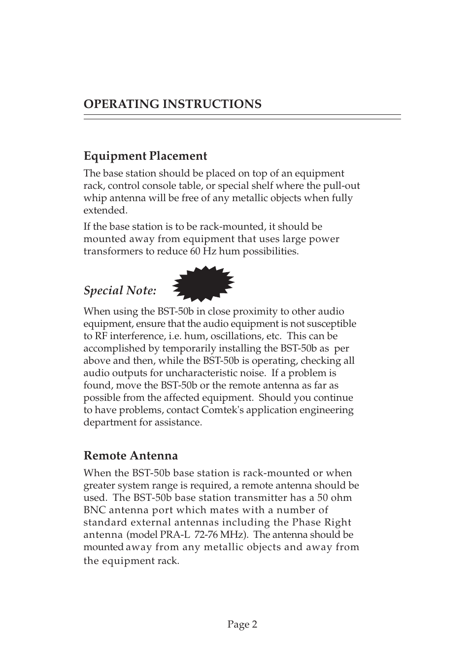 Equipment placement, Remote antenna, Operating instructions | COMTEK BST-50b User Manual | Page 3 / 14