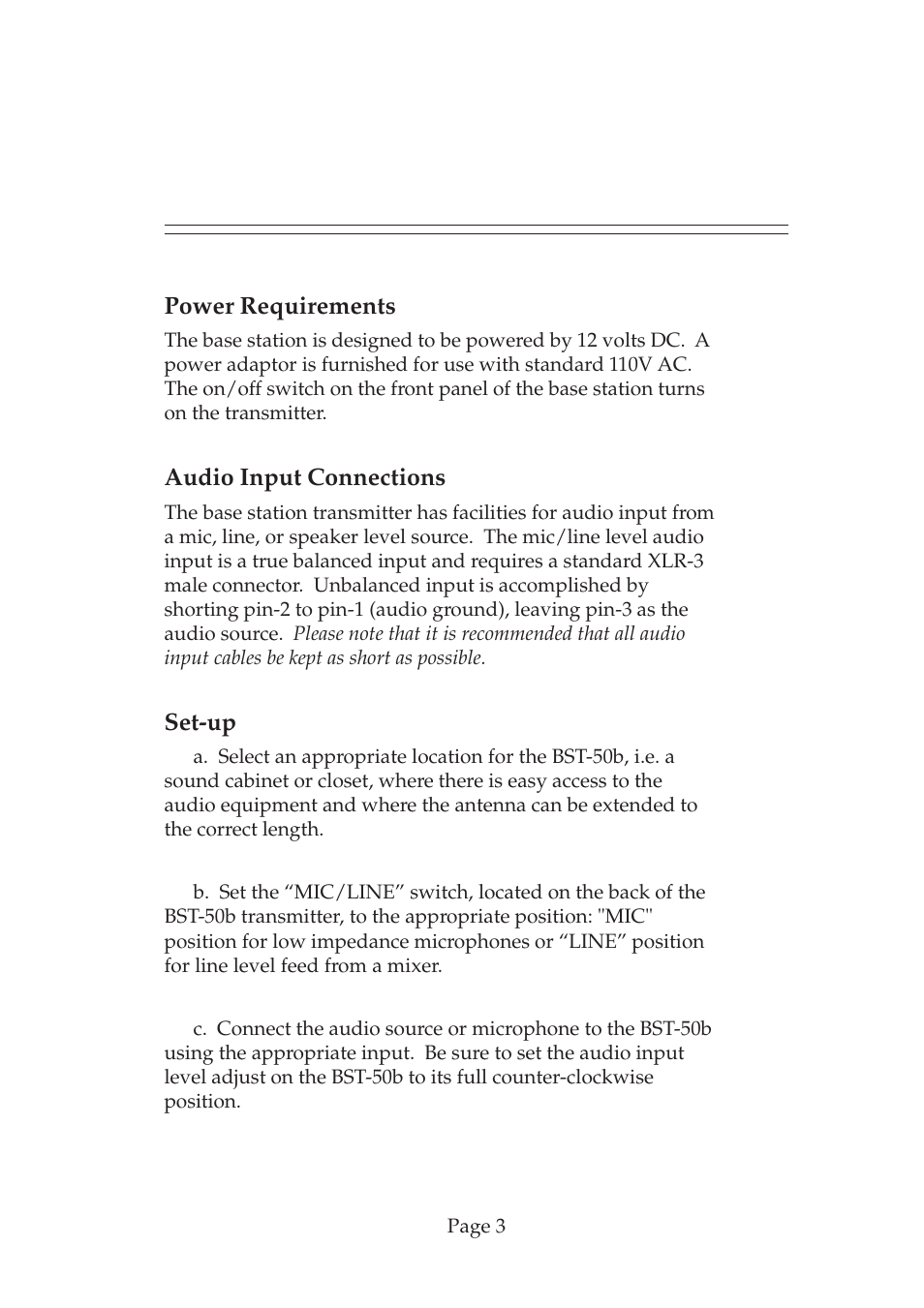 Power requirements, Audio input connections, Set-up | COMTEK BST-50b User Manual | Page 4 / 14