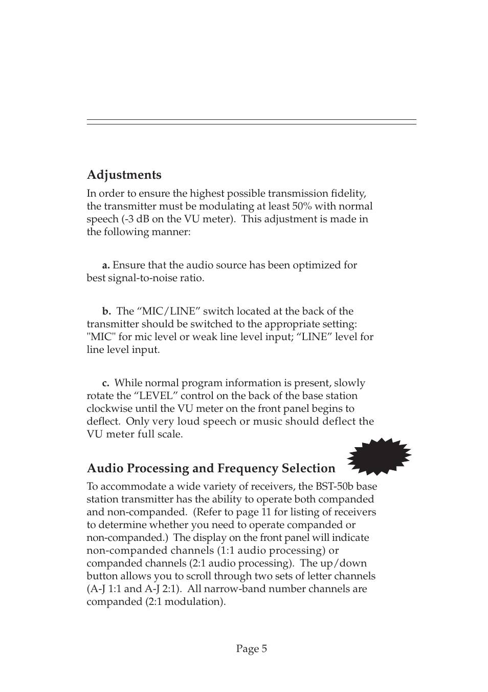 Adjustments, Audio processing and frequency selection | COMTEK BST-50b User Manual | Page 6 / 14