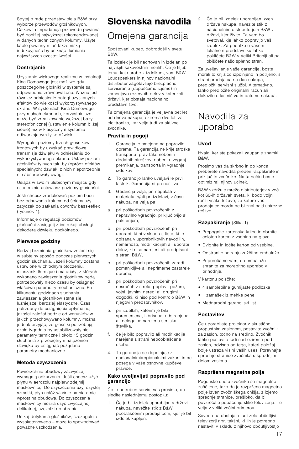 Slovenska navodila omejena garancija, Navodila za uporabo | Bowers & Wilkins CMC User Manual | Page 20 / 28