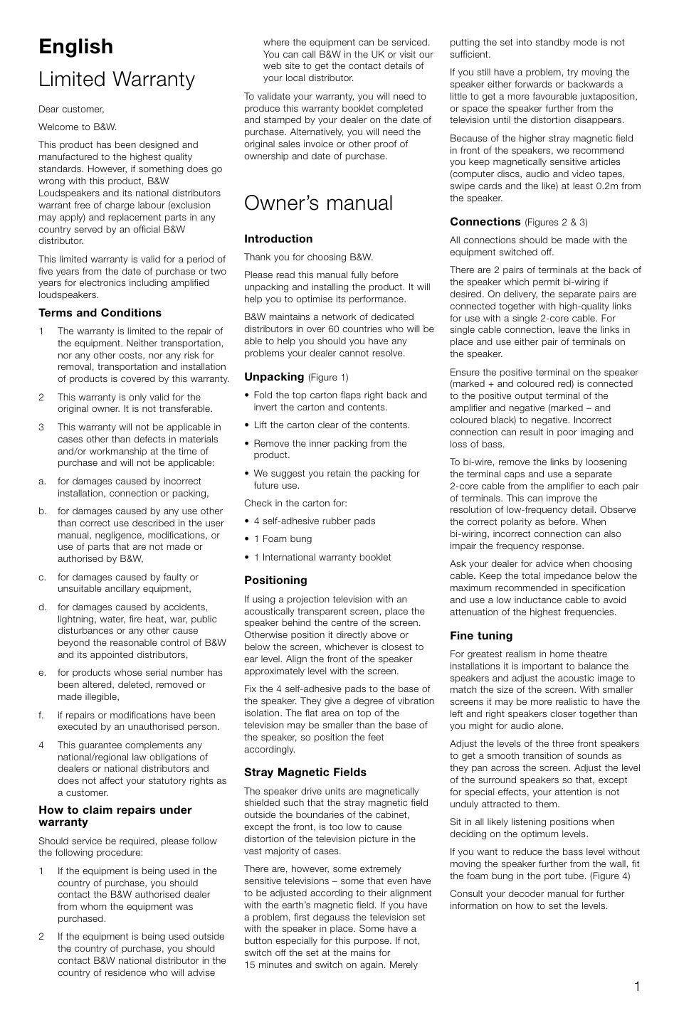 English limited warranty, Owner’s manual | Bowers & Wilkins CMC User Manual | Page 4 / 28