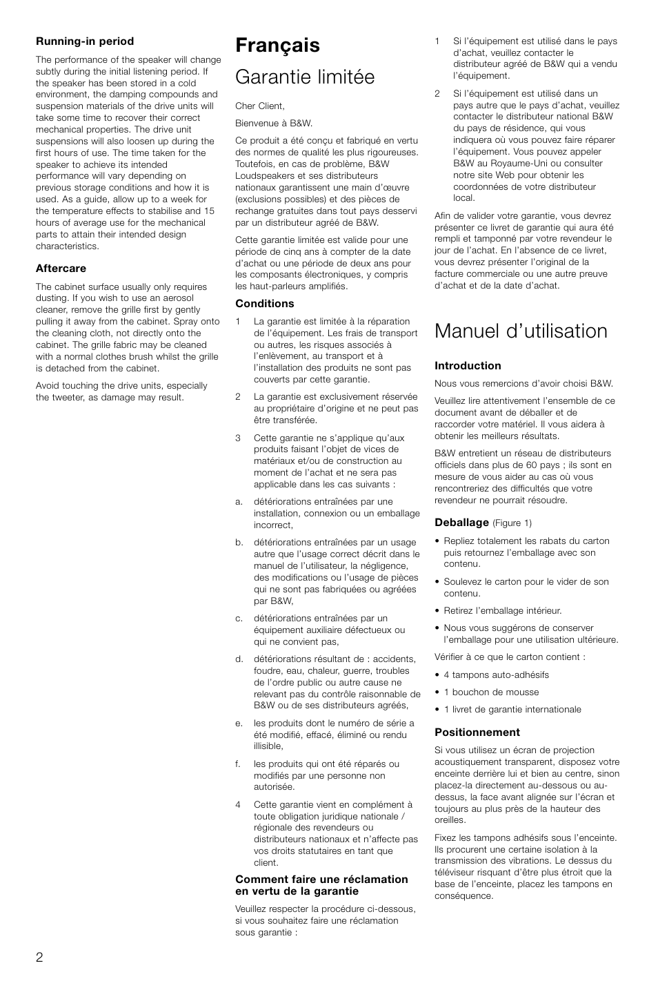 Français garantie limitée, Manuel d’utilisation | Bowers & Wilkins CMC User Manual | Page 5 / 28