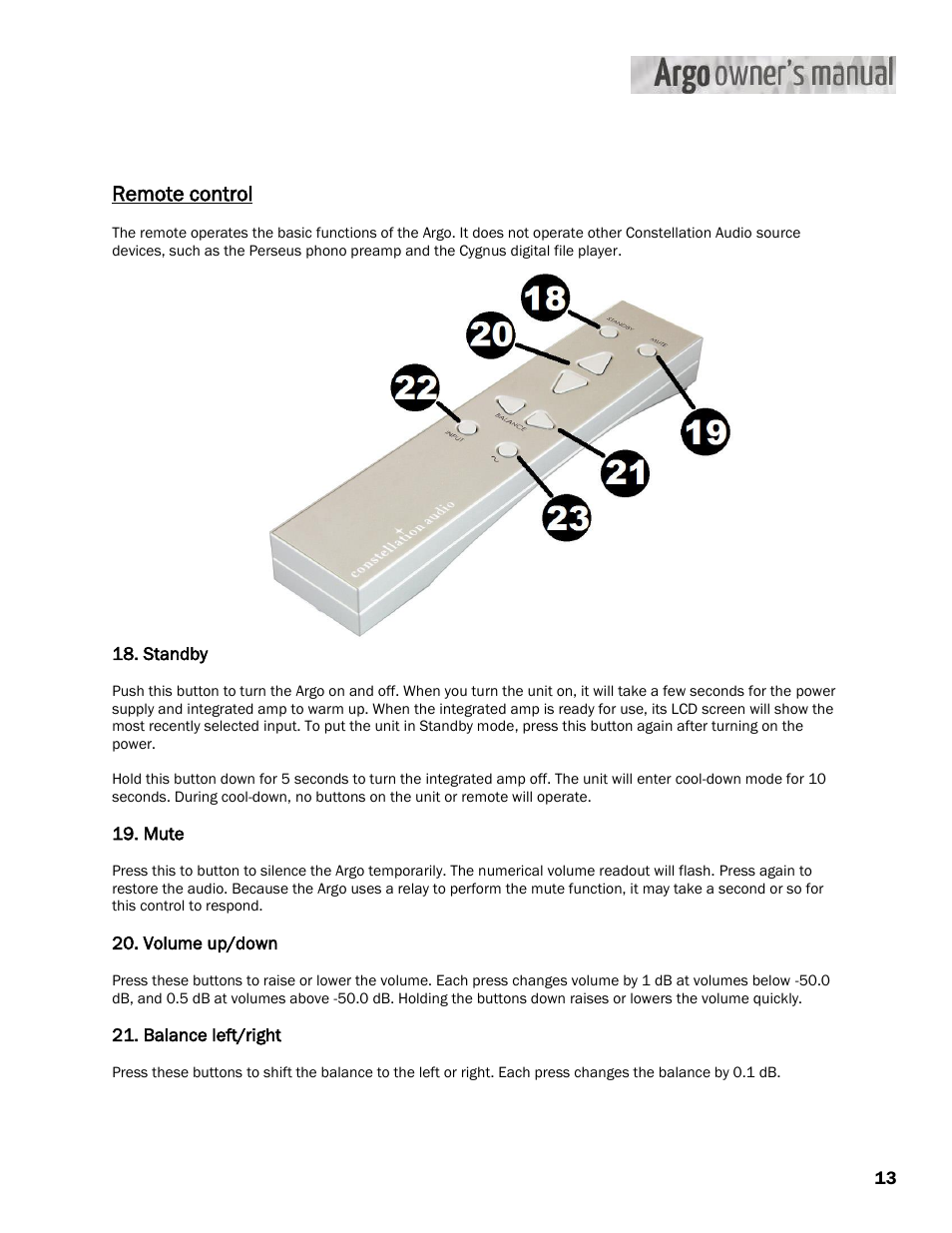 Remote control | Constellation Audio Argo User Manual | Page 13 / 20