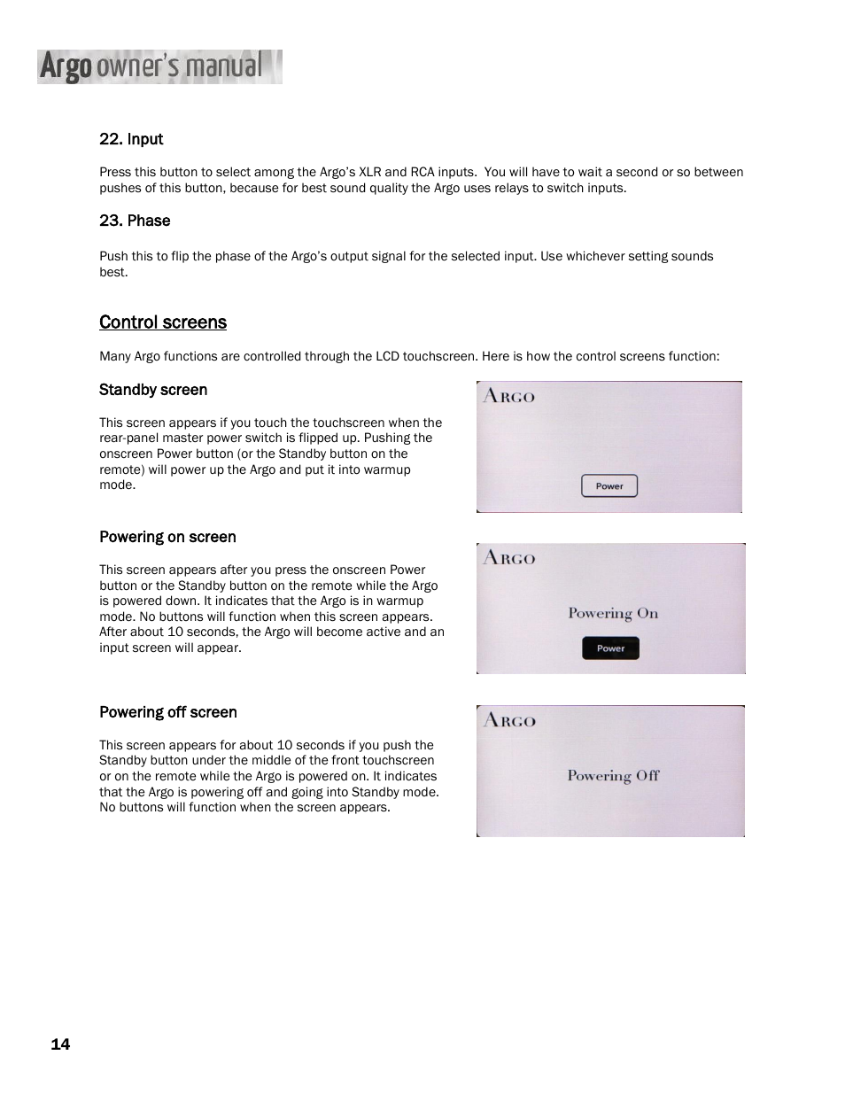 Control screens | Constellation Audio Argo User Manual | Page 14 / 20