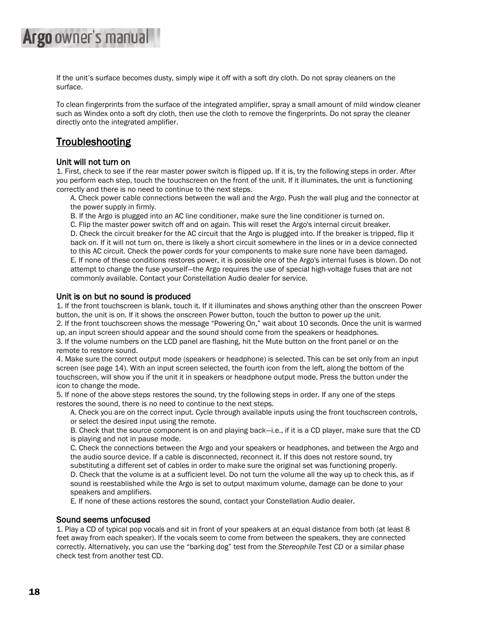 Troubleshooting | Constellation Audio Argo User Manual | Page 18 / 20