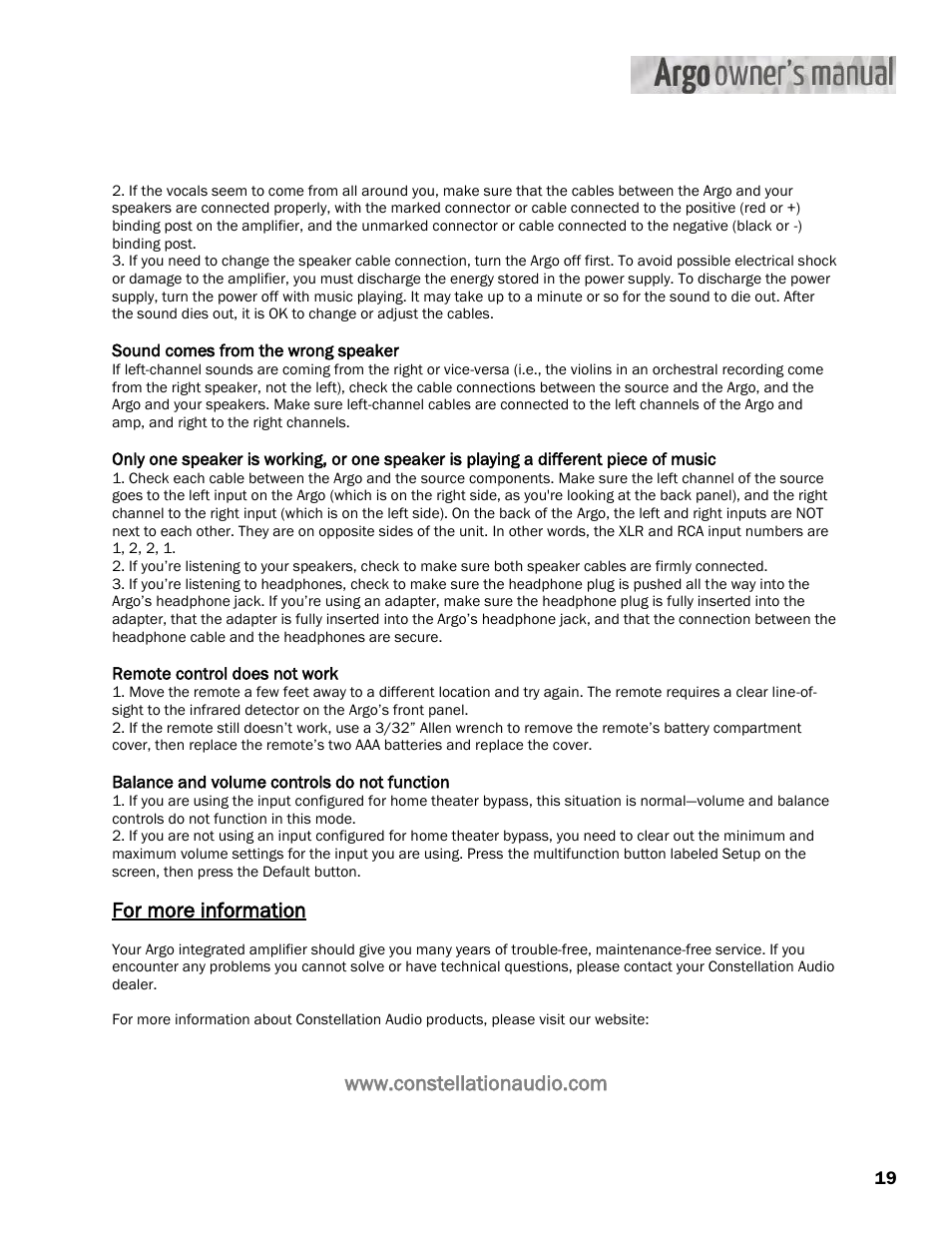 For more information | Constellation Audio Argo User Manual | Page 19 / 20