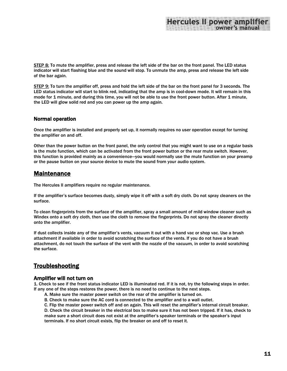 Maintenance, Troubleshooting | Constellation Audio Hercules II User Manual | Page 11 / 16
