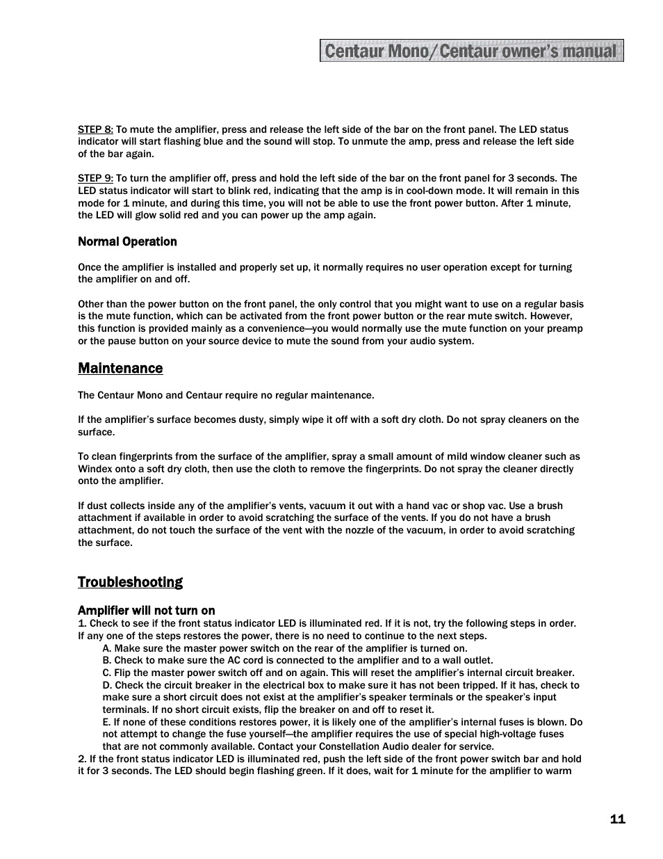 Maintenance, Troubleshooting | Constellation Audio Centaur and Centaur Mono User Manual | Page 11 / 16