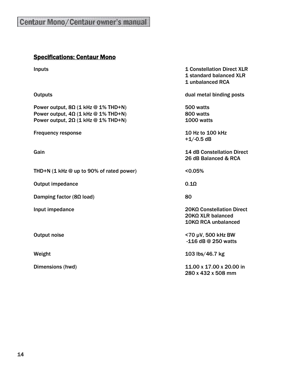 Constellation Audio Centaur and Centaur Mono User Manual | Page 14 / 16