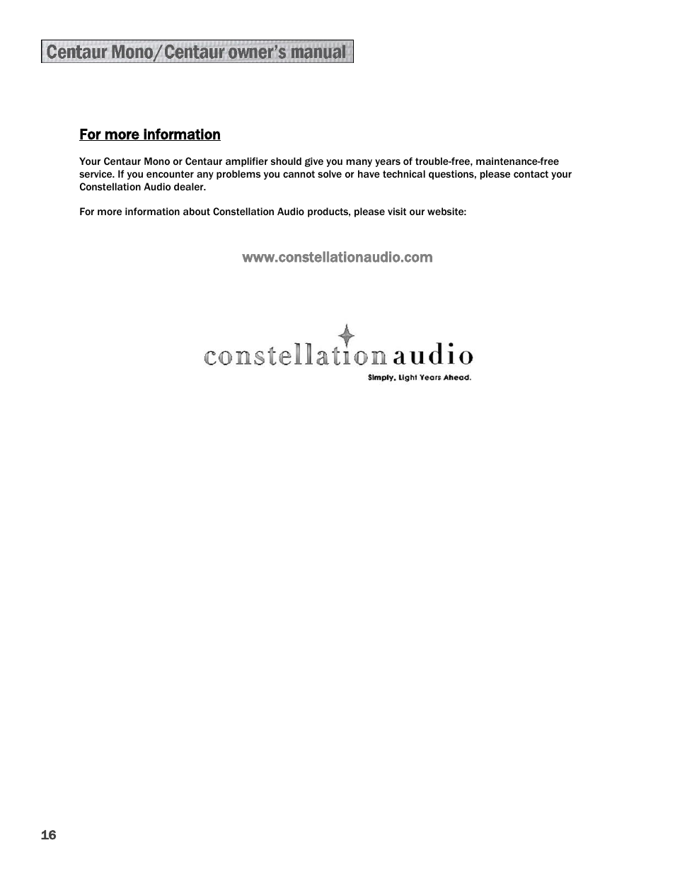 Constellation Audio Centaur and Centaur Mono User Manual | Page 16 / 16